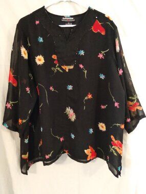 Women's CITICRAZE sheer Black Blouse Size 1X Top shirt lining beaded